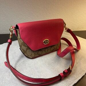 Coach Karlee Signature Canvas Saddle Crossbody with Pink Pebbled Leather